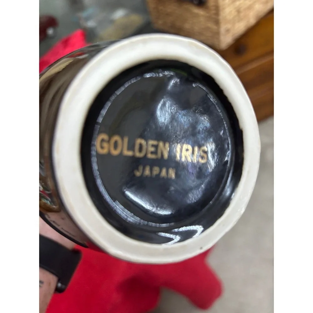 Golden Iris Japan Black Ceramic Bud Vase Gold Silver Floral Iris Vintage 8 Inch